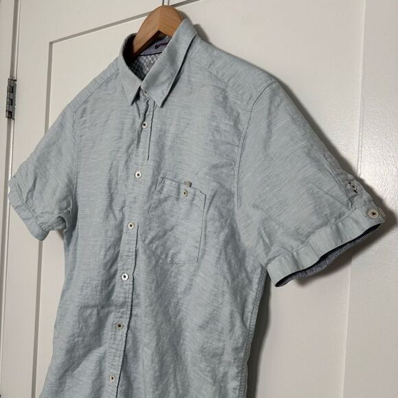 Ted Baker Shirt Mens Sz 5 Blue Short Sleeve Linen Cotton Office Career Business - Picture 2 of 10